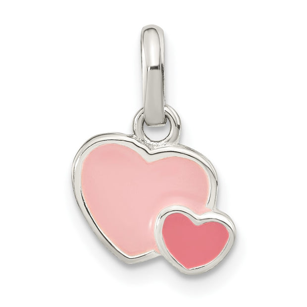 Sterling Silver Rhodium-plated Pink Enamel Double Heart Pendant