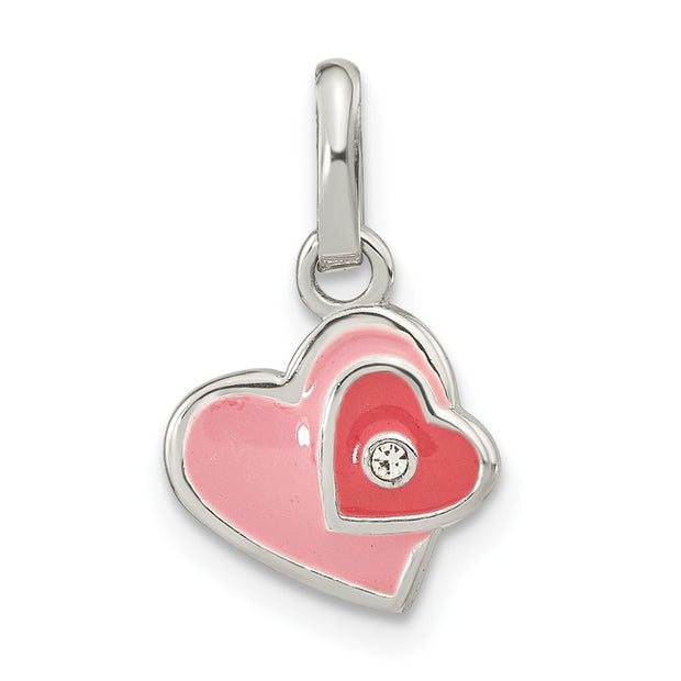 Sterling Silver Rhodium-plated Pink Enamel CZ Double Heart Pendant