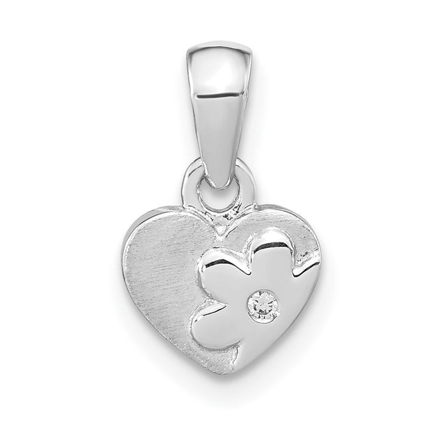 Sterling Silver RH-plated CZ Flower Heart Pendant