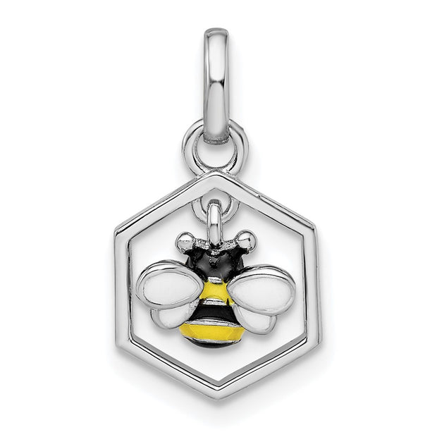 Sterling Silver RH-plated Polished Enameled Bee in Hive Children's Pendant