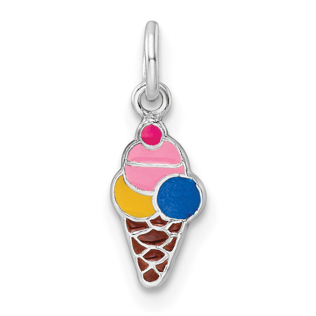 Sterling Silver RH-plated Enameled Ice Cream Cone Children's Pendant