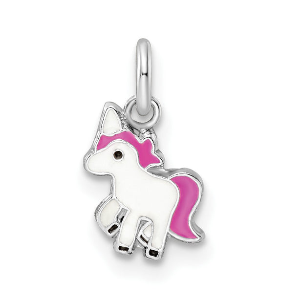 Sterling Silver RH-pltd Pink/White/Black Enamel Unicorn Children's Pendant