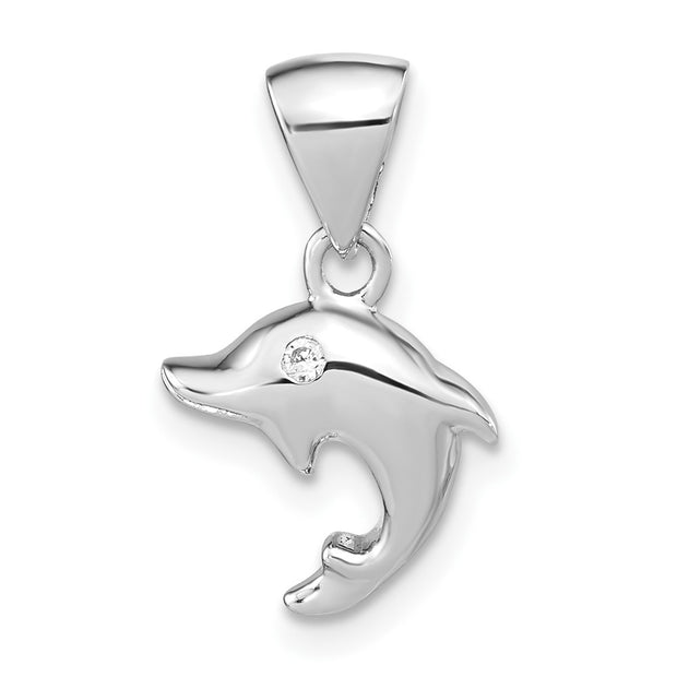 Sterling Silver RH-plated Polished CZ Dolphin Pendant