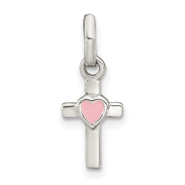 Sterling Silver Rhodium-plated Cross Pink Enamel Heart Pendant
