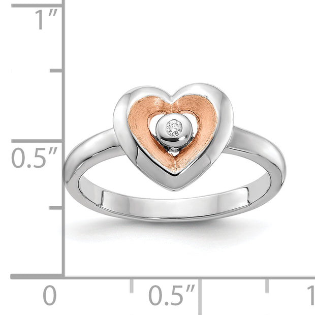 Sterling Silver RH-plated Rose Gold-plated Polished Satin Diamond Heart Rin