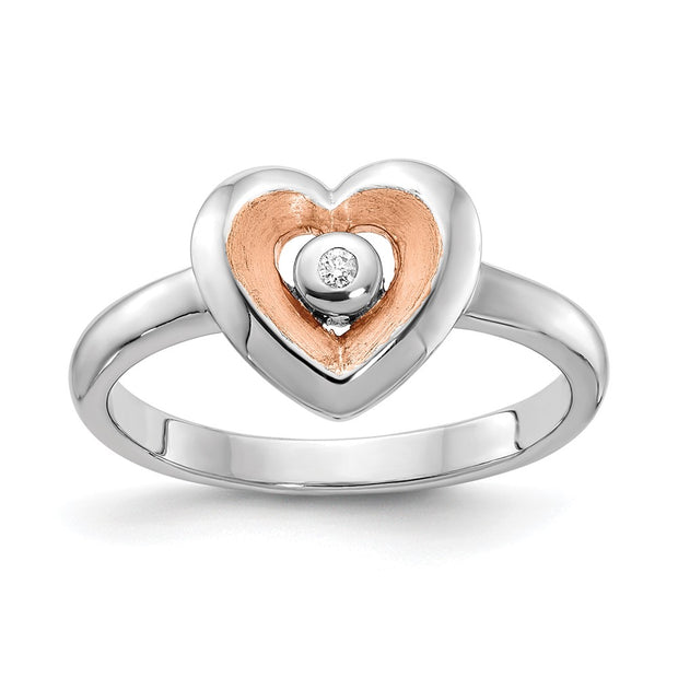 Sterling Silver RH-plated Rose Gold-plated Polished Satin Diamond Heart Rin