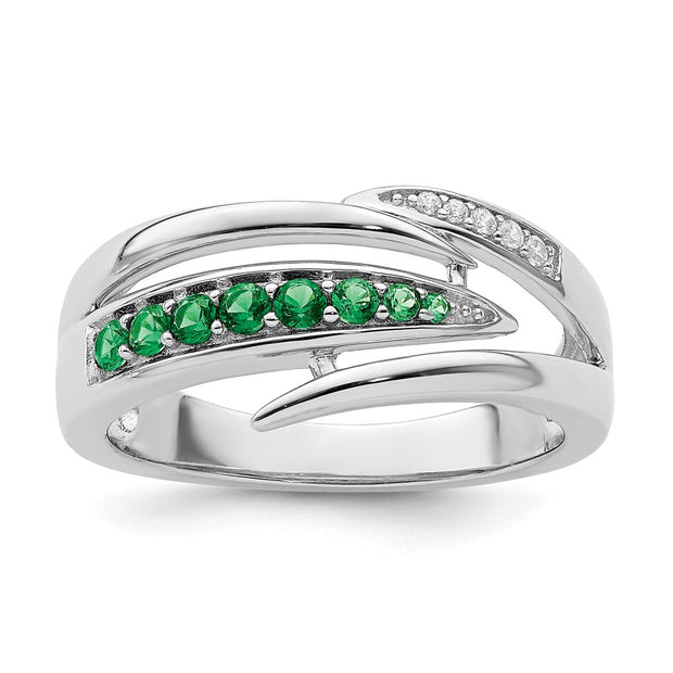 Sterling Silver Rhodium-plated Green & White CZ Ring