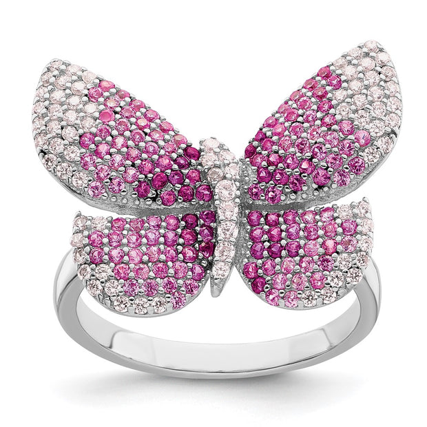 Sterling Silver Rhodium-plated Polished Pink CZ Butterfly Ring