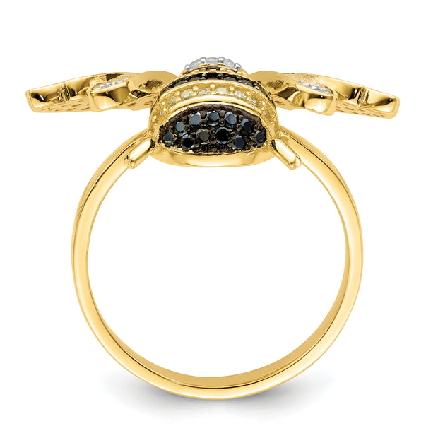 Sterling Silver Blk/White RH-plated Gold Tone CZ Bumblebee Ring