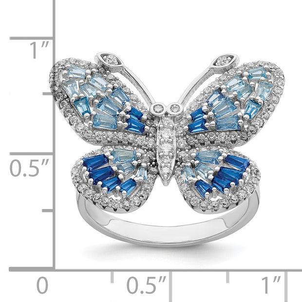 Sterling Silver Rhodium-plated Polished Blue & White CZ Butterfly Ring