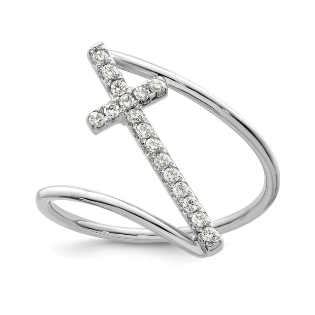 Sterling Silver Rhodium-plated Polished CZ Cross Ring