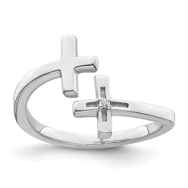 Sterling Silver Rhodium-plated CZ Double Cross Adjustable Ring