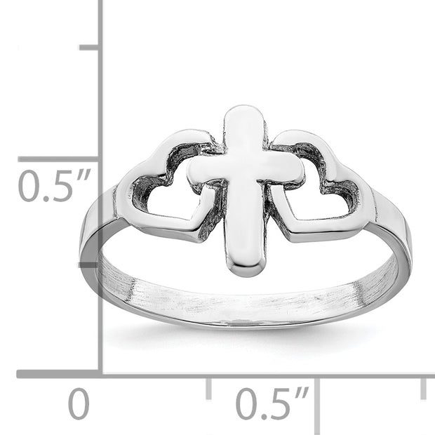 Sterling Silver Rhodium plated Hearts & Cross Ring