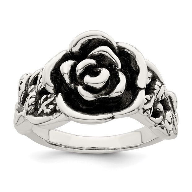 Sterling Silver Antiqued Rose Flower Ring