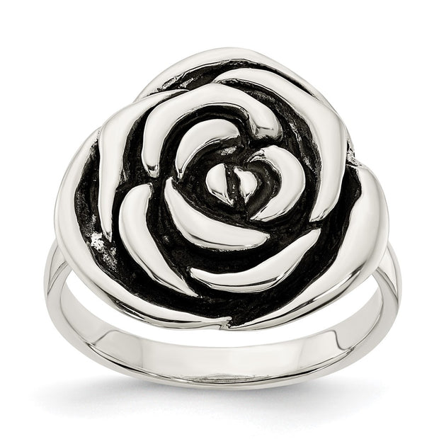 Sterling Silver Polished Antiqued Rose Ring