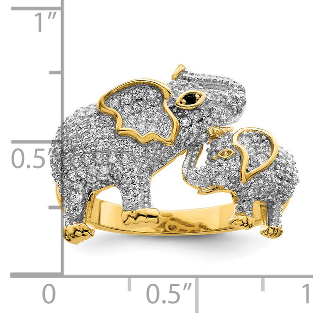 Sterling Silver Rhodium-plated Gold Tone Mom & Baby CZ Elephants Ring