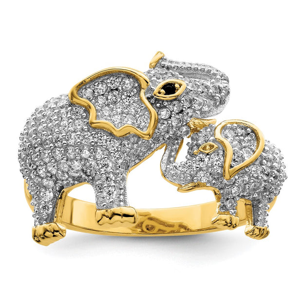 Sterling Silver Rhodium-plated Gold Tone Mom & Baby CZ Elephants Ring