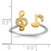 Sterling Silver RH-plated & Gold-plated CZ Music Notes Adjustable Ring