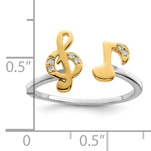Sterling Silver RH-plated & Gold-plated CZ Music Notes Adjustable Ring