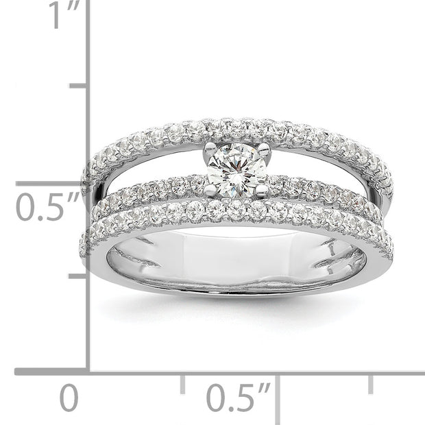 Sterling Silver Rhodium-plated CZ 3 Row Ring