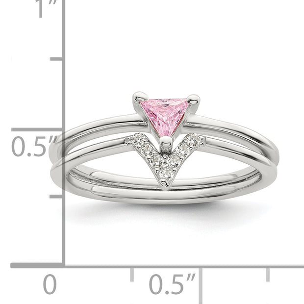 Sterling Silver Pink Trillion CZ and White CZ Ring Set