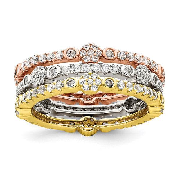 Sterling Silver Rose & Gold-tone Eternity CZ 3 Band Set