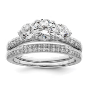 Sterling Silver Rhodium-plated CZ 3 Stone Pave Band Engagement Ring Set