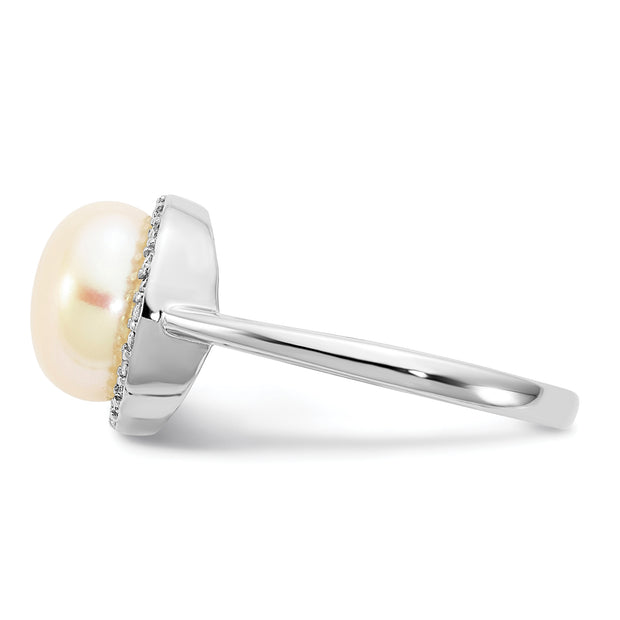 Sterling Silver Rhod-plated CZ 9-10mm Button White FWC Pearl Ring
