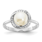 Sterling Silver Rhod-plated CZ 7-8mm Button White FWC Pearl Ring