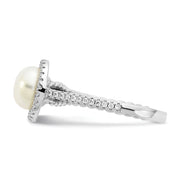 Sterling Silver Rhod-plated CZ 7-8mm Button White FWC Pearl Ring