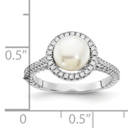 Sterling Silver Rhod-plated CZ 7-8mm Button White FWC Pearl Ring