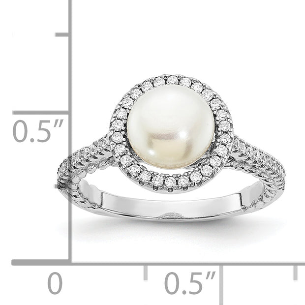 Sterling Silver Rhod-plated CZ 7-8mm Button White FWC Pearl Ring