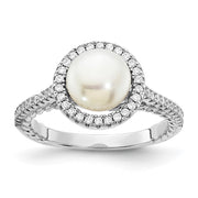 Sterling Silver Rhod-plated CZ 7-8mm Button White FWC Pearl Ring