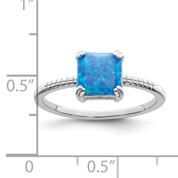 Sterling Silver Rhodium-plated Polished Square Blue Created Opal Ring