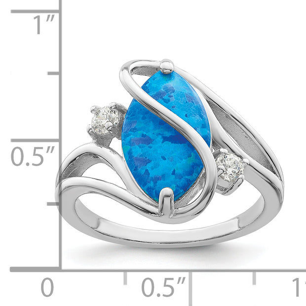 Sterling Silver Rhodium-plated Polished Blue Created Opal & CZ Twist Ring