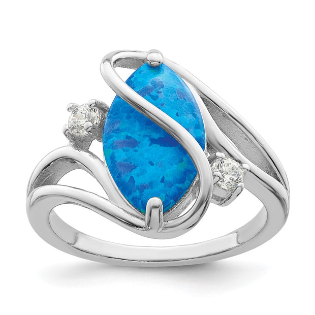 Sterling Silver Rhodium-plated Polished Blue Created Opal & CZ Twist Ring