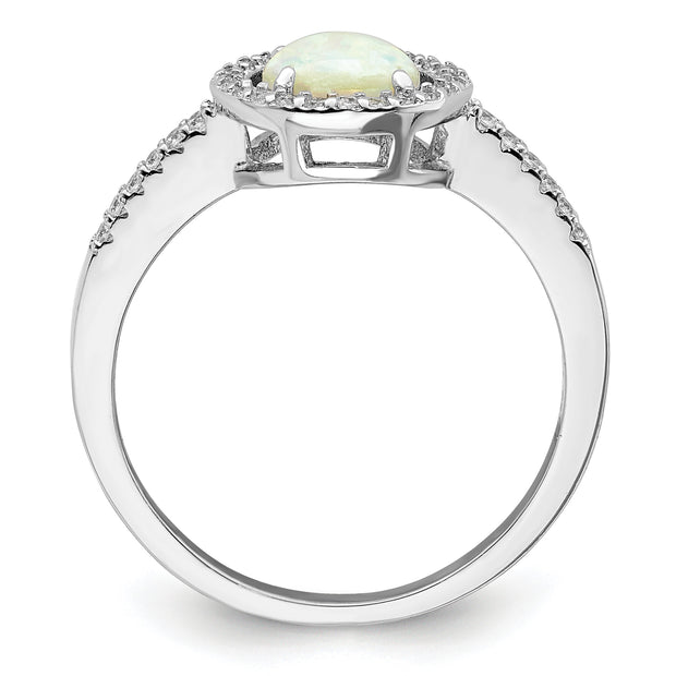 Sterling Silver Rhodium-plated Polished White Created Opal CZ Halo Ring