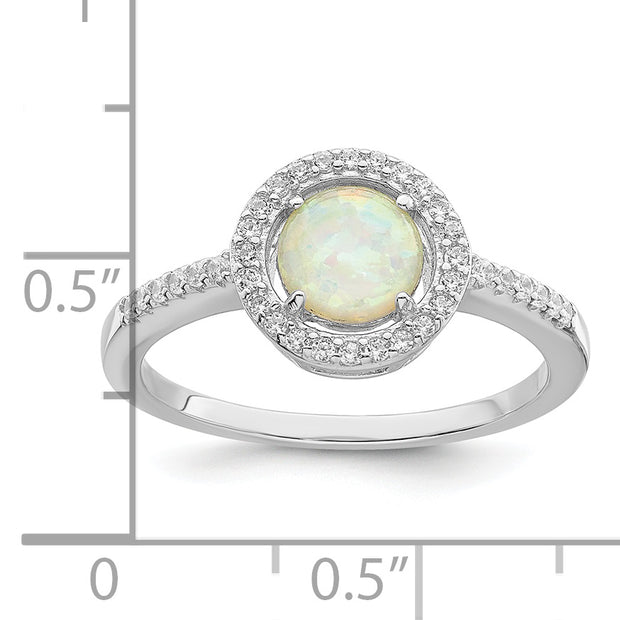 Sterling Silver Rhodium-plated Polished White Created Opal CZ Halo Ring