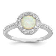 Sterling Silver Rhodium-plated Polished White Created Opal CZ Halo Ring