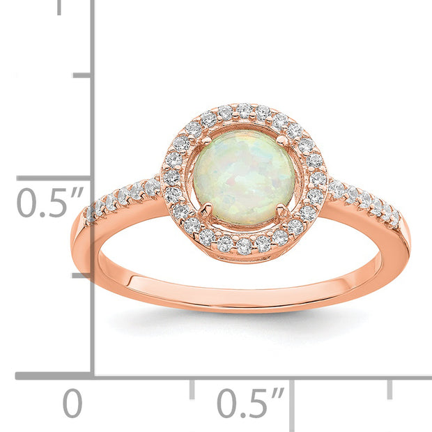 Sterling Silver Rose-tone White Created Opal CZ Halo Ring