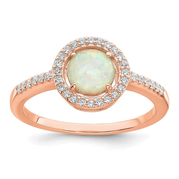 Sterling Silver Rose-tone White Created Opal CZ Halo Ring