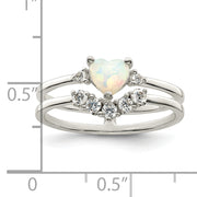 Sterling Silver CZ & Heart Created White Opal Double Band Ring