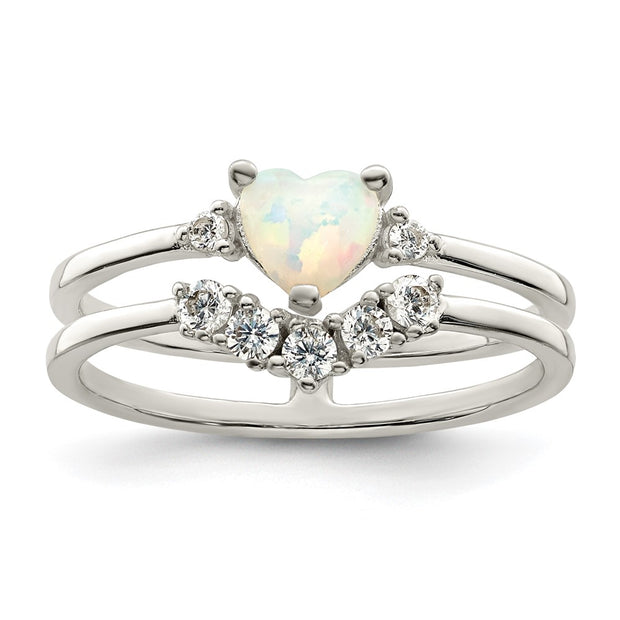 Sterling Silver CZ & Heart Created White Opal Double Band Ring