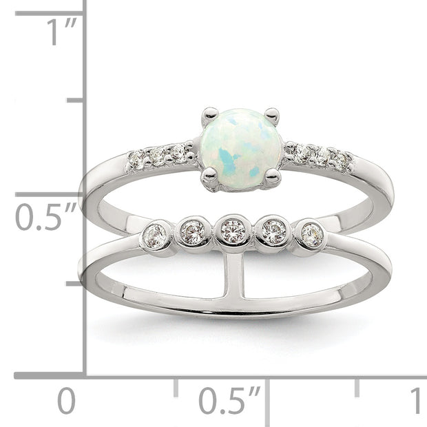 Sterling Silver CZ and Created White Opal Double Band Ring