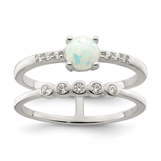 Sterling Silver CZ and Created White Opal Double Band Ring
