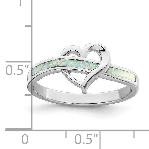 Sterling Silver Rhodium-plated White Created Opal Inlay Heart Ring