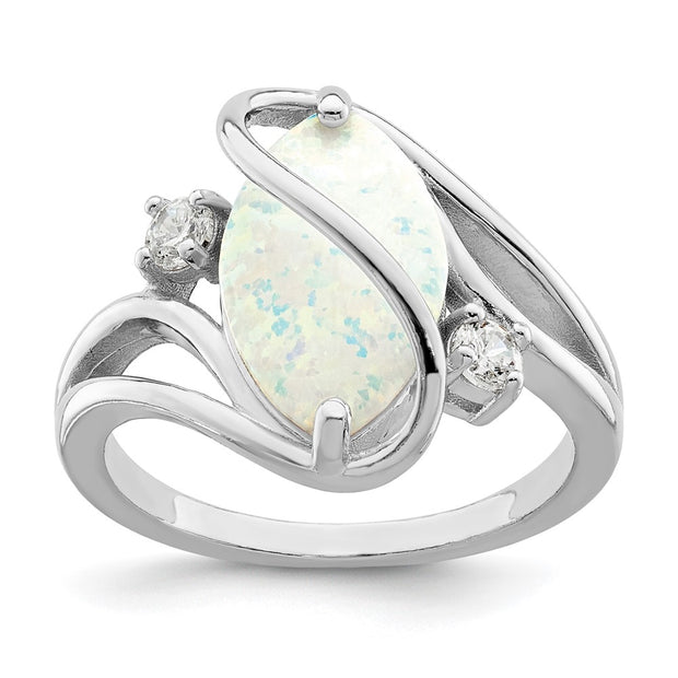 Sterling Silver Rhodium-plated White Created Opal & CZ Twist Ring