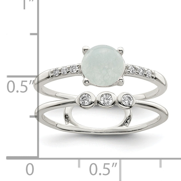 Sterling Silver Polished CZ and Light Blue Quartzite Double Ring