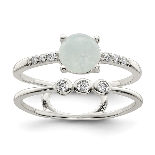 Sterling Silver Polished CZ and Light Blue Quartzite Double Ring