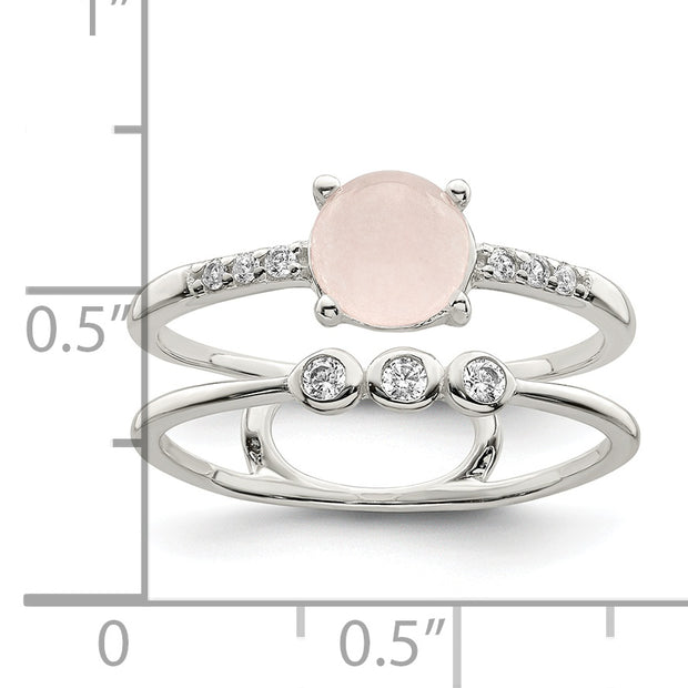 Sterling Silver Polished CZ and Pink Quartzite Double Ring